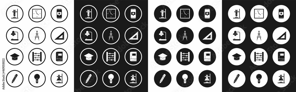 Set Graduation cap on screen smartphone, Drawing compass, Table lamp, Glass test tube flask fire, Triangular ruler, Clock, Book and icon. Vector