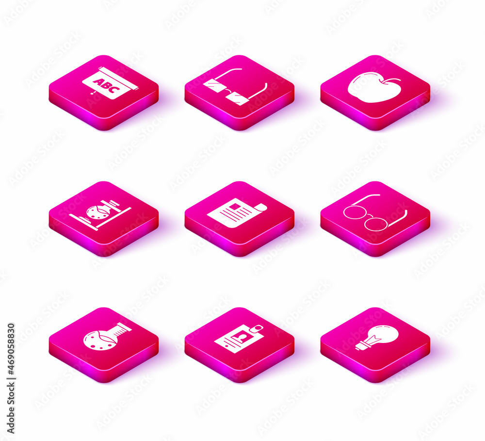 Set Test tube and flask chemical laboratory, Identification badge, Glass test fire, Document, Light bulb with concept of idea, Glasses, Apple and icon. Vector Set Test tube and flask chemical laboratory, Identification badge, Glass test fire, Document, Light bulb with concept of idea, Glasses, Apple and icon. Vector