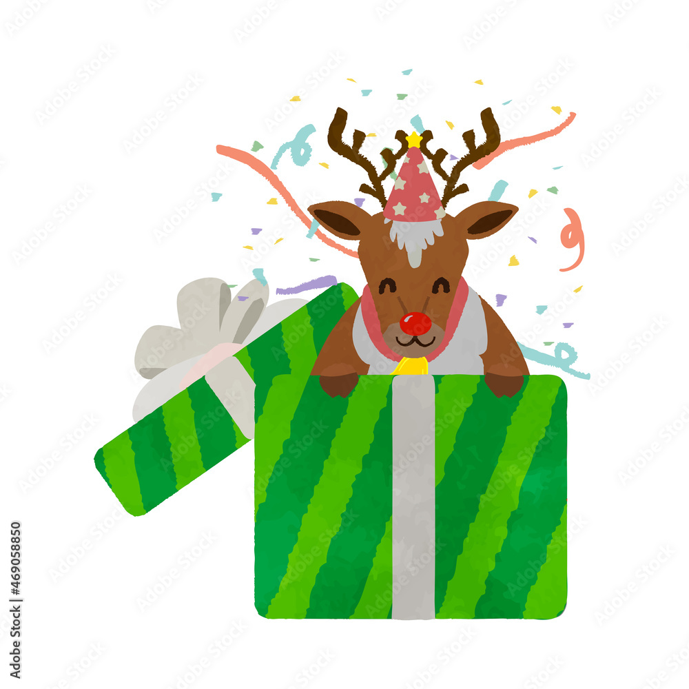 Naklejka premium Reindeer coming out of the Christmas present box