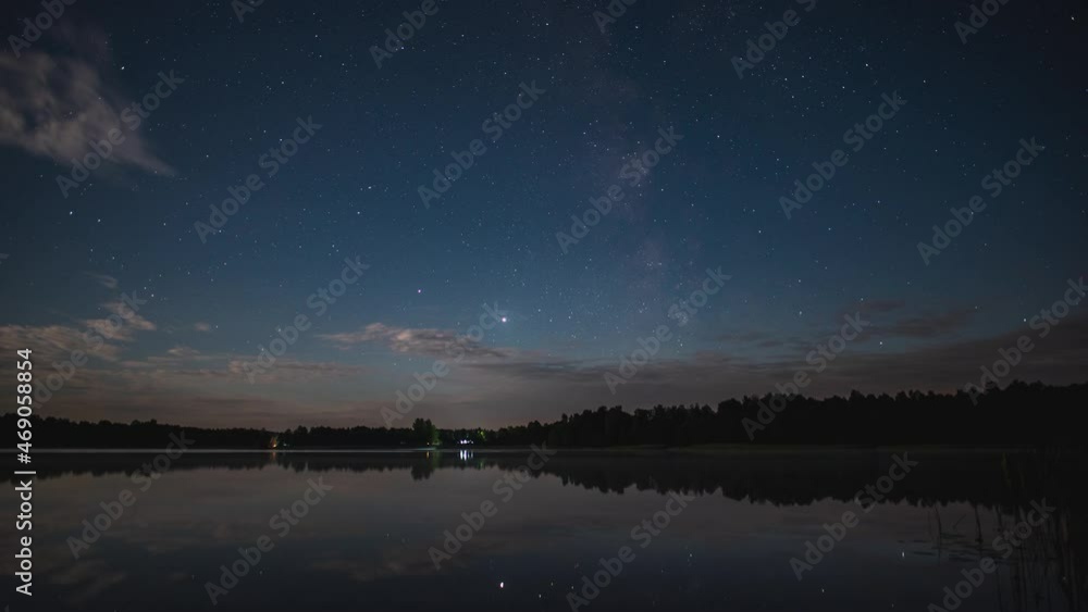 Timelapse of the movement of the starry sky with clouds over the lake on a summer night. Timelapse of the movement of the starry sky with clouds over the lake on a summer night.