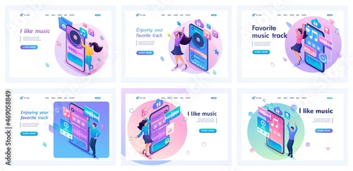 Collection of landing pages. Girls and boys listen to music, enjoy, dance, have fun. I love music. Isometric characters