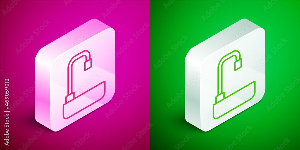 Isometric line Washbasin with water tap icon isolated on pink and green background. Silver square button. Vector Isometric line Washbasin with water tap icon isolated on pink and green background. Silver square button. Vector