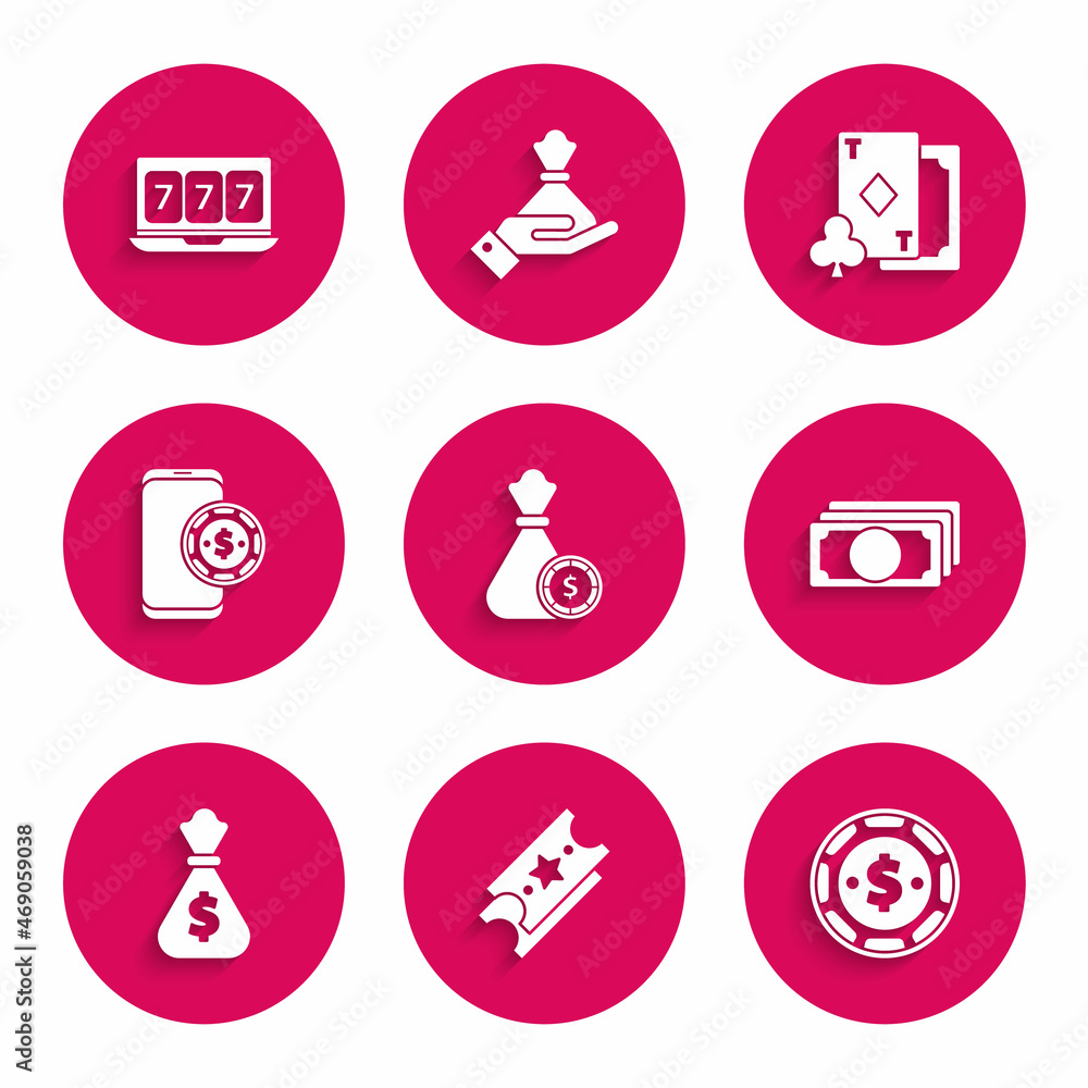 Set Money bag and casino chips, Lottery ticket, Casino with dollar, Stacks paper money cash, Online poker table game, Playing card diamonds and slot machine lucky sevens jackpot icon. Vector Set Money bag and casino chips, Lottery ticket, Casino with dollar, Stacks paper money cash, Online poker table game, Playing card diamonds and slot machine lucky sevens jackpot icon. Vector