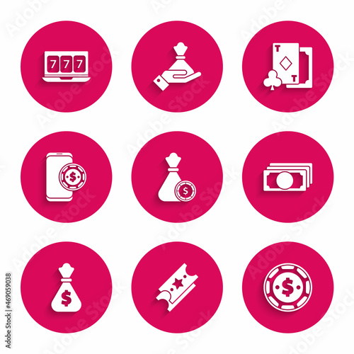 Set Money bag and casino chips, Lottery ticket, Casino with dollar, Stacks paper money cash, Online poker table game, Playing card diamonds and slot machine lucky sevens jackpot icon. Vector