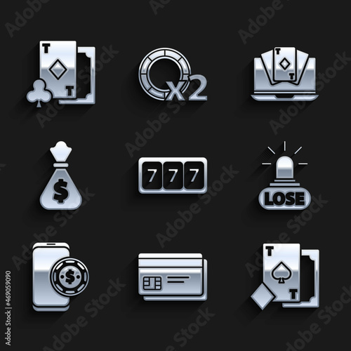 Set Slot machine with lucky sevens jackpot, Credit card, Playing spades, Casino losing, Online poker table game, Money bag, and diamonds icon. Vector