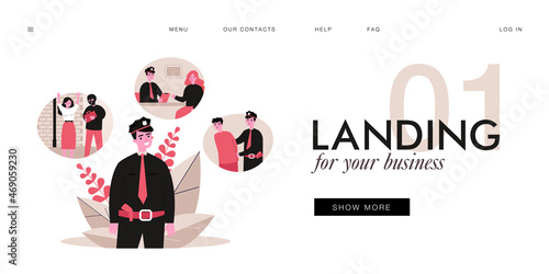 Process of police officer catching thief. Policeman listening to robbed woman and arresting criminal flat vector illustration. Occupation, security, justice concept for banner or website design