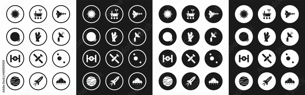 Set Ray gun, Vulcan salute, Planet, Sun, Radar, Mars rover, Solar system and Cosmic ship icon. Vector Set Ray gun, Vulcan salute, Planet, Sun, Radar, Mars rover, Solar system and Cosmic ship icon. Vector