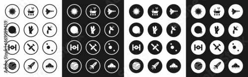 Set Ray gun, Vulcan salute, Planet, Sun, Radar, Mars rover, Solar system and Cosmic ship icon. Vector