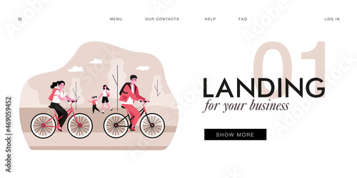 People with backpacks enjoying nature. Flat vector illustration. Couple on bicycles, daughter with mom in background, tent set up in forest or park. Nature, walk, tourism, lifestyle, family concept