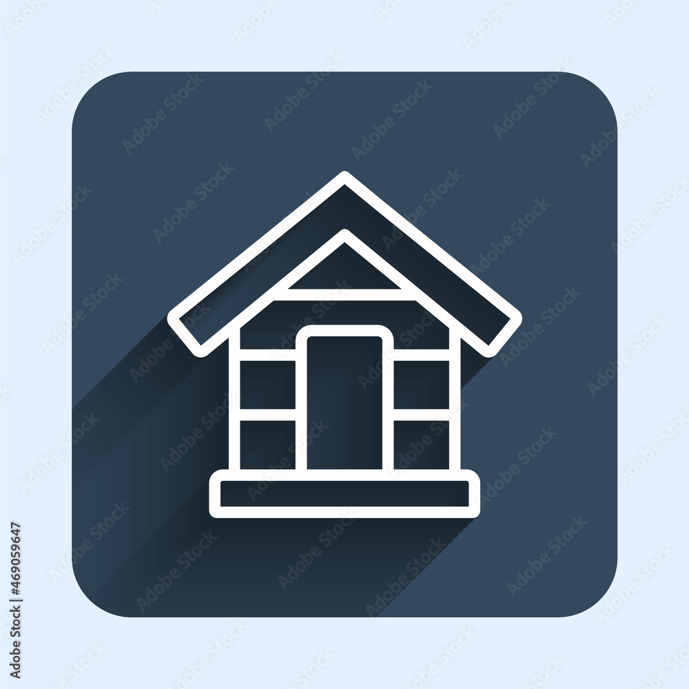 White line Dog house icon isolated with long shadow background. Dog kennel. Blue square button. Vector White line Dog house icon isolated with long shadow background. Dog kennel. Blue square button. Vector