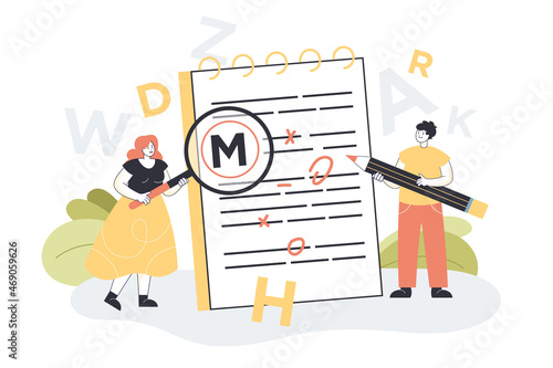 Tiny woman showing grammar and punctuation errors using magnifier and man correcting them. Editing and correction job in school or college flat vector illustration. Proofreading, teaching concept