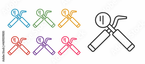 Set line Dental inspection mirror and probe icon isolated on white background. Explorer scaler. Tool dental checkup. Set icons colorful. Vector