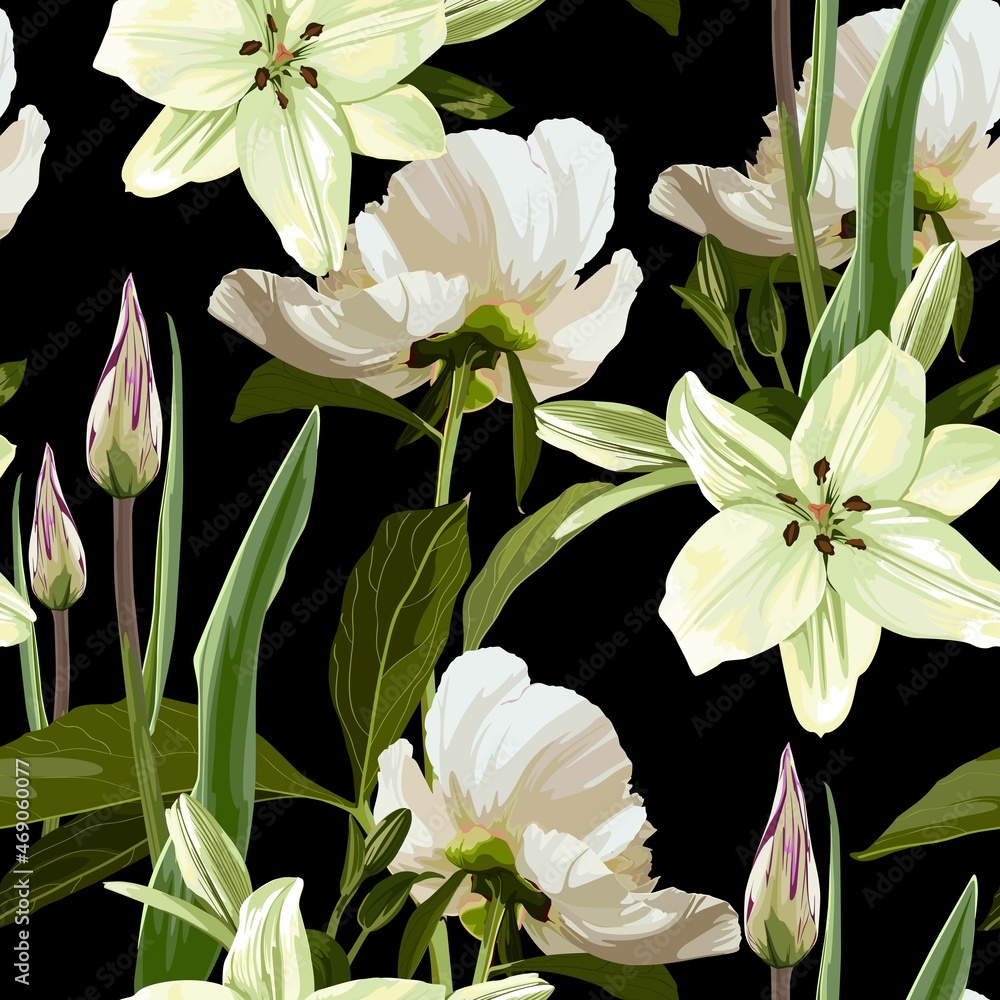 Fototapeta premium Seamless floral pattern, white peony and tulips, lilies flowers on a black background. Design for wallpaper, fabric, wrapping paper, cover and more. 