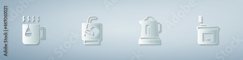 Set Cup of tea with bag, Espresso tonic coffee, Electric kettle and Manual grinder. Paper art style. Vector