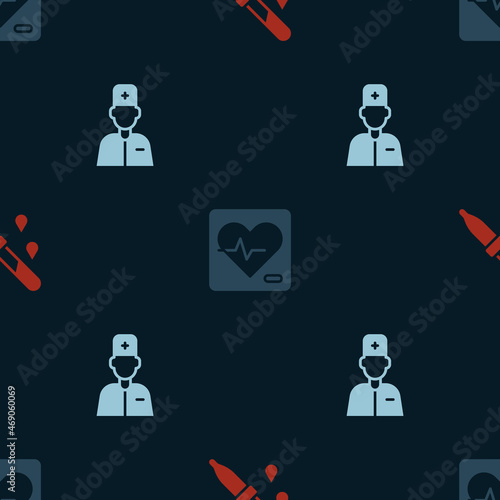 Set Pipette, Heart rate and Male doctor on seamless pattern. Vector