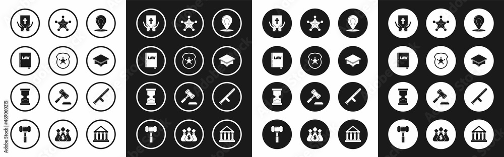 Set Map marker with a silhouette of a person, Police badge, Law book, Oath the Holy Bible, Graduation cap, Hexagram sheriff, rubber baton and Old hourglass icon. Vector