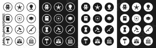 Set Map marker with a silhouette of a person, Police badge, Law book, Oath the Holy Bible, Graduation cap, Hexagram sheriff, rubber baton and Old hourglass icon. Vector