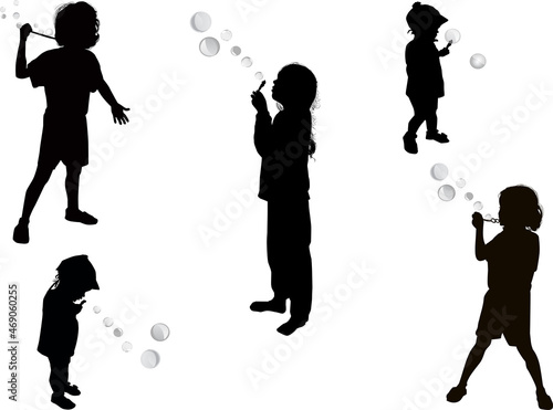 five girls blowing soap bubbles on white