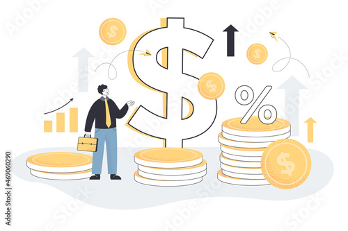 Tiny male character on dollar coins, arrows and percentage background. Money value level recession and price increase process flat vector illustration. Economy, general inflation, market risk concept