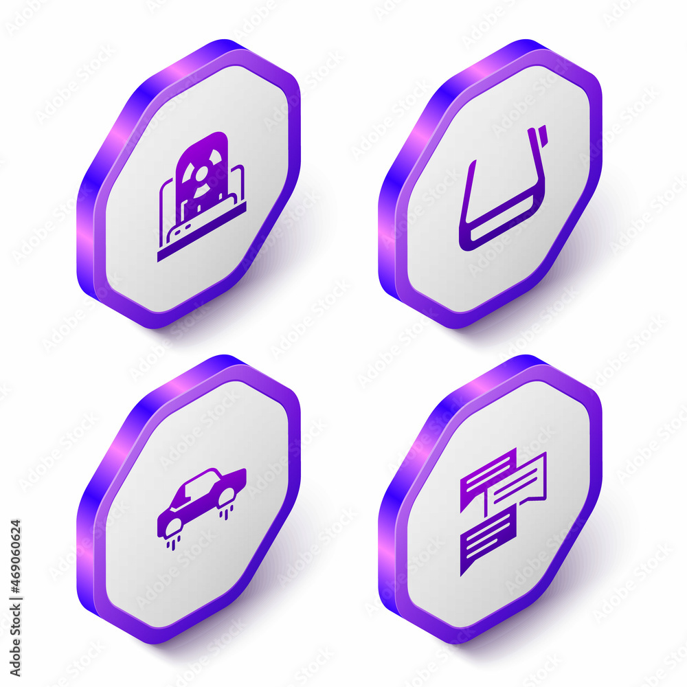 Set Isometric Radioactive warning lamp, Smart glasses on spectacles, Fantastic flying car and Speech bubble chat icon. Purple hexagon button. Vector Set Isometric Radioactive warning lamp, Smart glasses on spectacles, Fantastic flying car and Speech bubble chat icon. Purple hexagon button. Vector