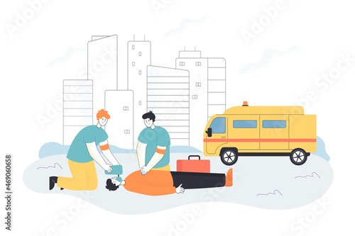 Team of emergency doctors doing cardiopulmonary resuscitation of unconscious man in accident. CPR assistance to critical patient flat vector illustration. First aid, resuscitation training concept