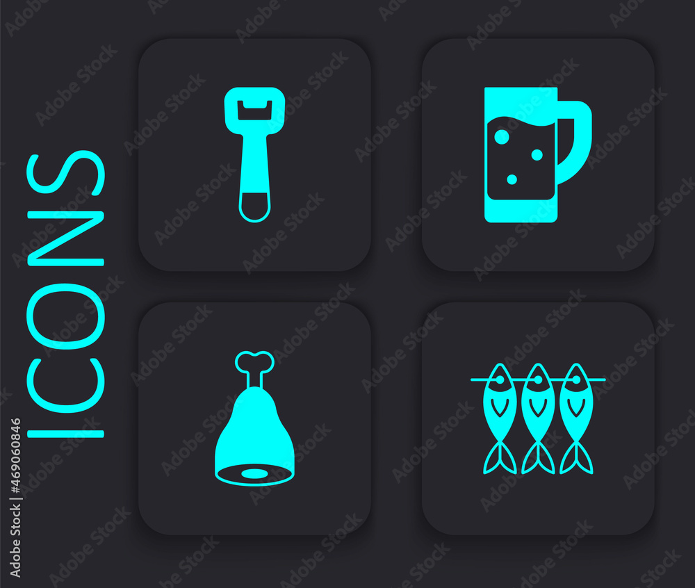 Set Dried fish, Bottle opener, Glass of beer and Chicken leg icon. Black square button. Vector Set Dried fish, Bottle opener, Glass of beer and Chicken leg icon. Black square button. Vector