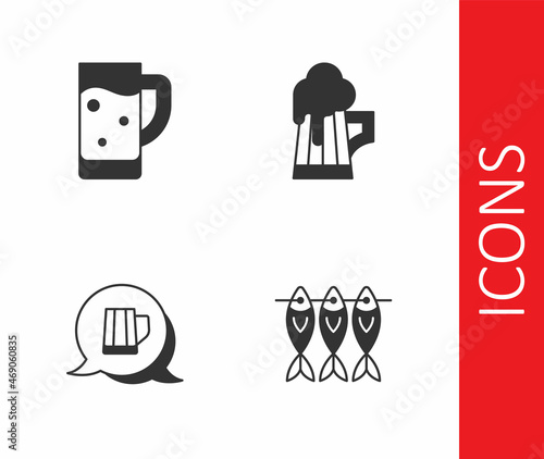 Set Dried fish, Glass of beer, Wooden mug and icon. Vector
