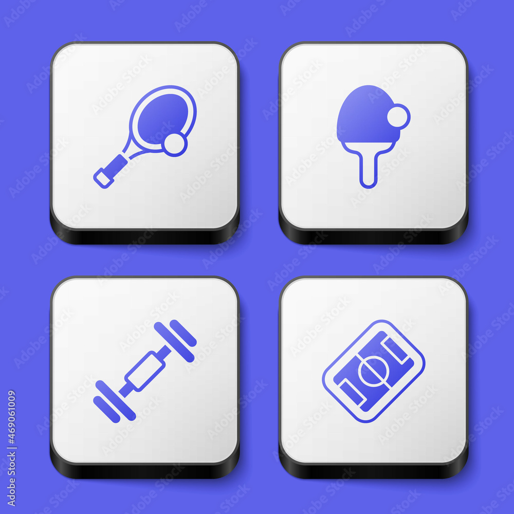Set Tennis racket with ball, Racket, Dumbbell and Football field icon. White square button. Vector Set Tennis racket with ball, Racket, Dumbbell and Football field icon. White square button. Vector