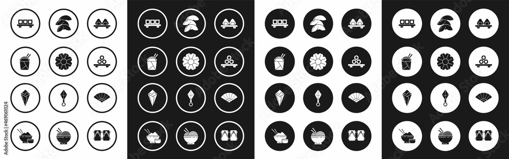Fototapeta premium Set Sushi on cutting board, Flower, Asian noodles paper box and chopsticks, Chinese fortune cookie, Paper chinese japanese folding fan and Temaki roll icon. Vector