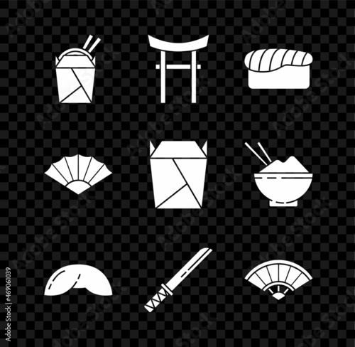 Set Asian noodles in paper box and chopsticks, Sushi, Chinese fortune cookie, Traditional Japanese katana, Paper chinese japanese folding fan, and Rstaurant opened take out filled icon. Vector