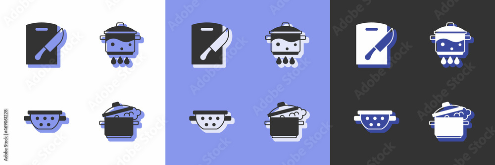 Set Cooking pot, Cutting board and knife, Kitchen colander and on fire icon. Vector Set Cooking pot, Cutting board and knife, Kitchen colander and on fire icon. Vector
