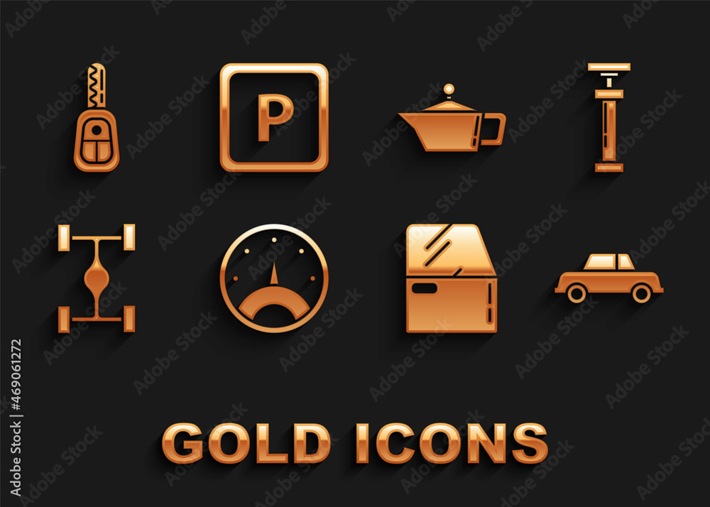 Set Speedometer, , Car, door, Chassis car, Canister for motor machine oil, key with remote and Parking icon. Vector Set Speedometer, , Car, door, Chassis car, Canister for motor machine oil, key with remote and Parking icon. Vector