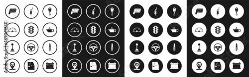 Set Engine piston, Traffic light, Speedometer, Car mirror, Canister for motor machine oil, muffler, spark plug and Gear shifter icon. Vector