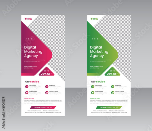 Creative corporate roll up banner design in curve shape layout, geometric triangle and exhibition ads pull up design x-banner design template