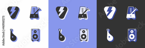 Set Stereo speaker, Guitar pick, Bandura and Metronome with pendulum icon. Vector