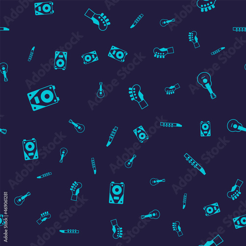 Set Stereo speaker, Guitar, neck and Flute on seamless pattern. Vector