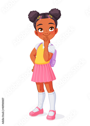 Thinking African American school girl. Cartoon vector illustration.