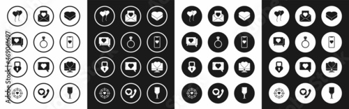 Set Candy in heart shaped box, Wedding rings, Like, Balloons form of, Mobile phone with, Envelope, Computer monitor and Castle the icon. Vector