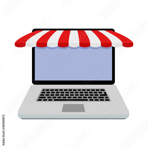 Laptop online store showcase with stripped awning