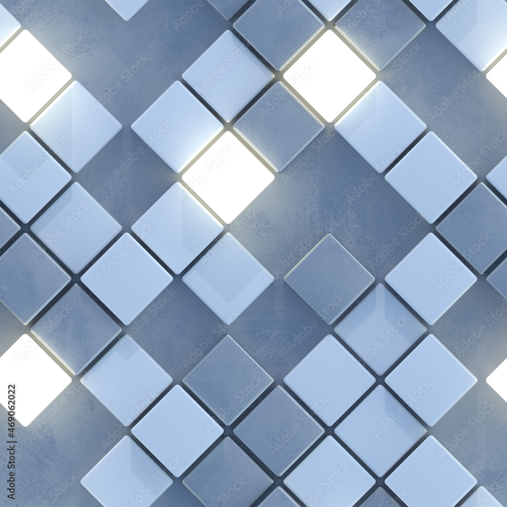 Blue seamless pattern of concrete and illuminating cubes 3D render