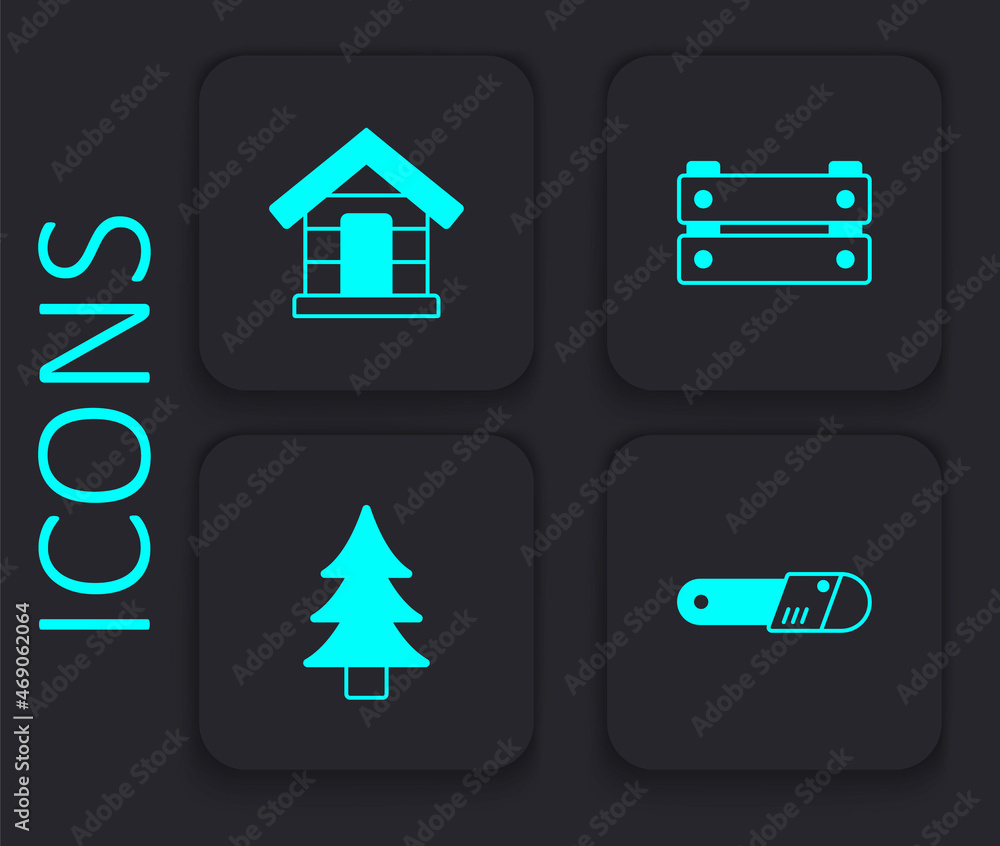 Set Chainsaw, Dog house, Wooden box and Tree icon. Black square button. Vector Set Chainsaw, Dog house, Wooden box and Tree icon. Black square button. Vector