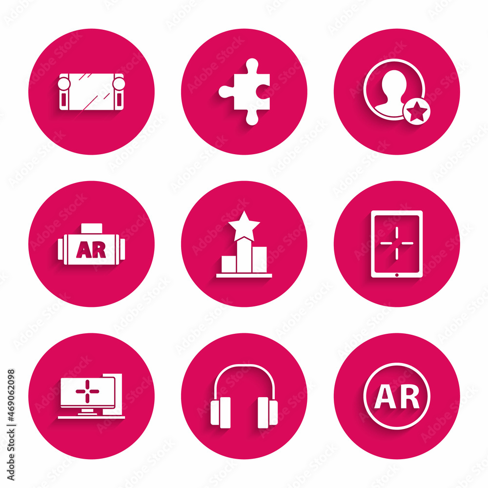 Set Star, Headphones, Ar, augmented reality, Tablet, Computer monitor, Premium create account screen and Portable video game console icon. Vector Set Star, Headphones, Ar, augmented reality, Tablet, Computer monitor, Premium create account screen and Portable video game console icon. Vector