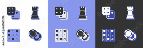 Set Casino chips, Game dice, Bingo card and Chess icon. Vector