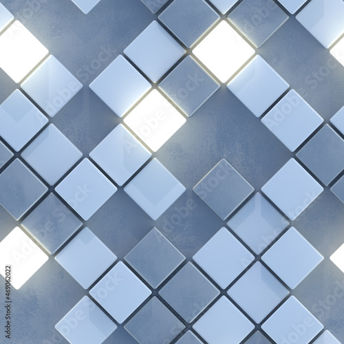 Blue seamless pattern of concrete and illuminating cubes 3D render © gonin