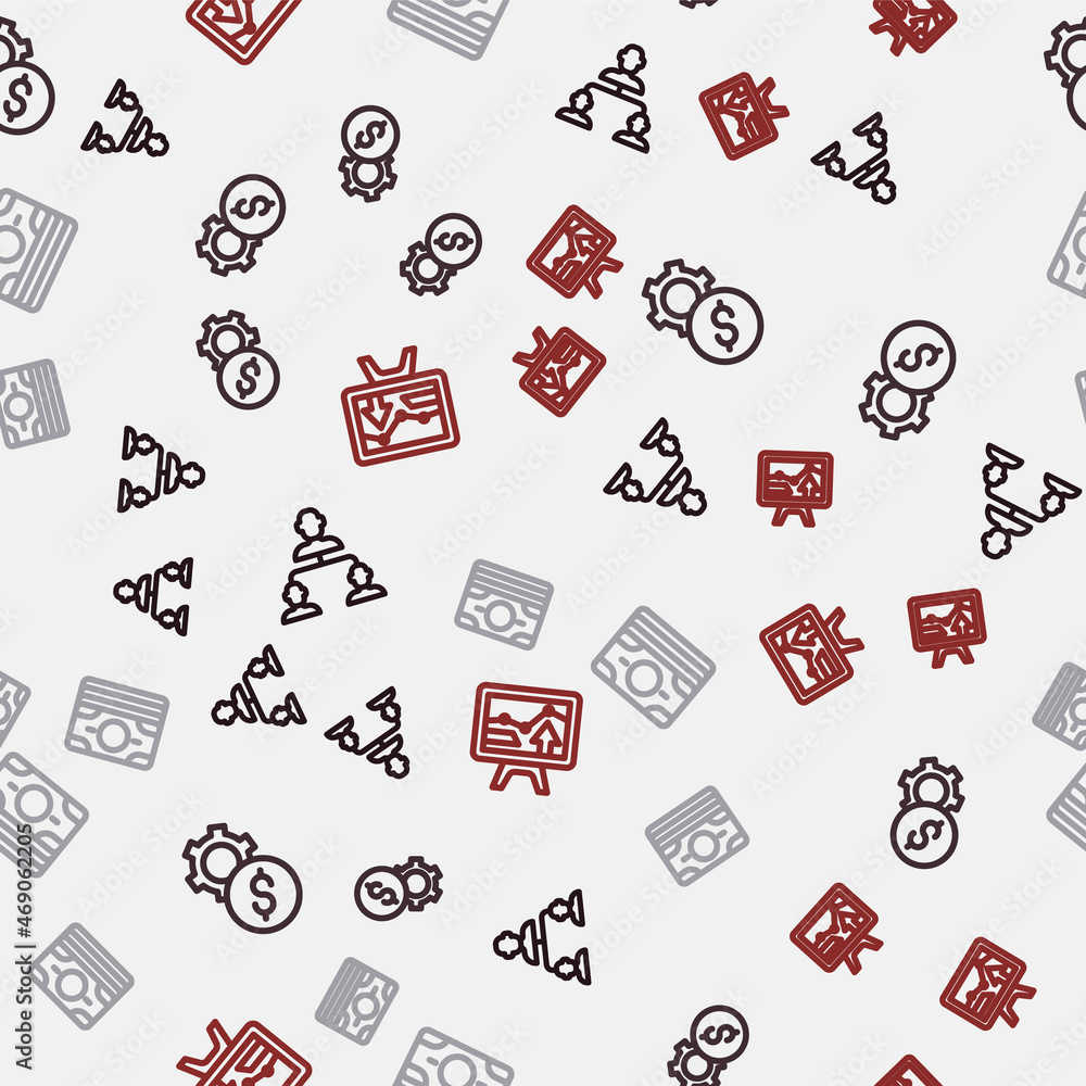 Set line Employee hierarchy, Gear with dollar symbol, Stacks paper money cash and Monitor graph chart on seamless pattern. Vector Set line Employee hierarchy, Gear with dollar symbol, Stacks paper money cash and Monitor graph chart on seamless pattern. Vector