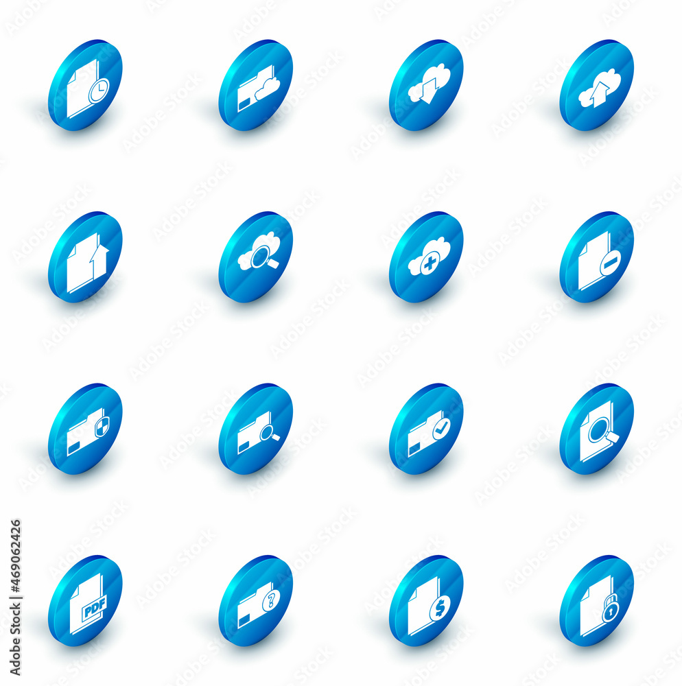Set Cloud storage text document folder, download, upload, Upload file, Document protection, Search cloud computing, with minus and Add icon. Vector Set Cloud storage text document folder, download, upload, Upload file, Document protection, Search cloud computing, with minus and Add icon. Vector