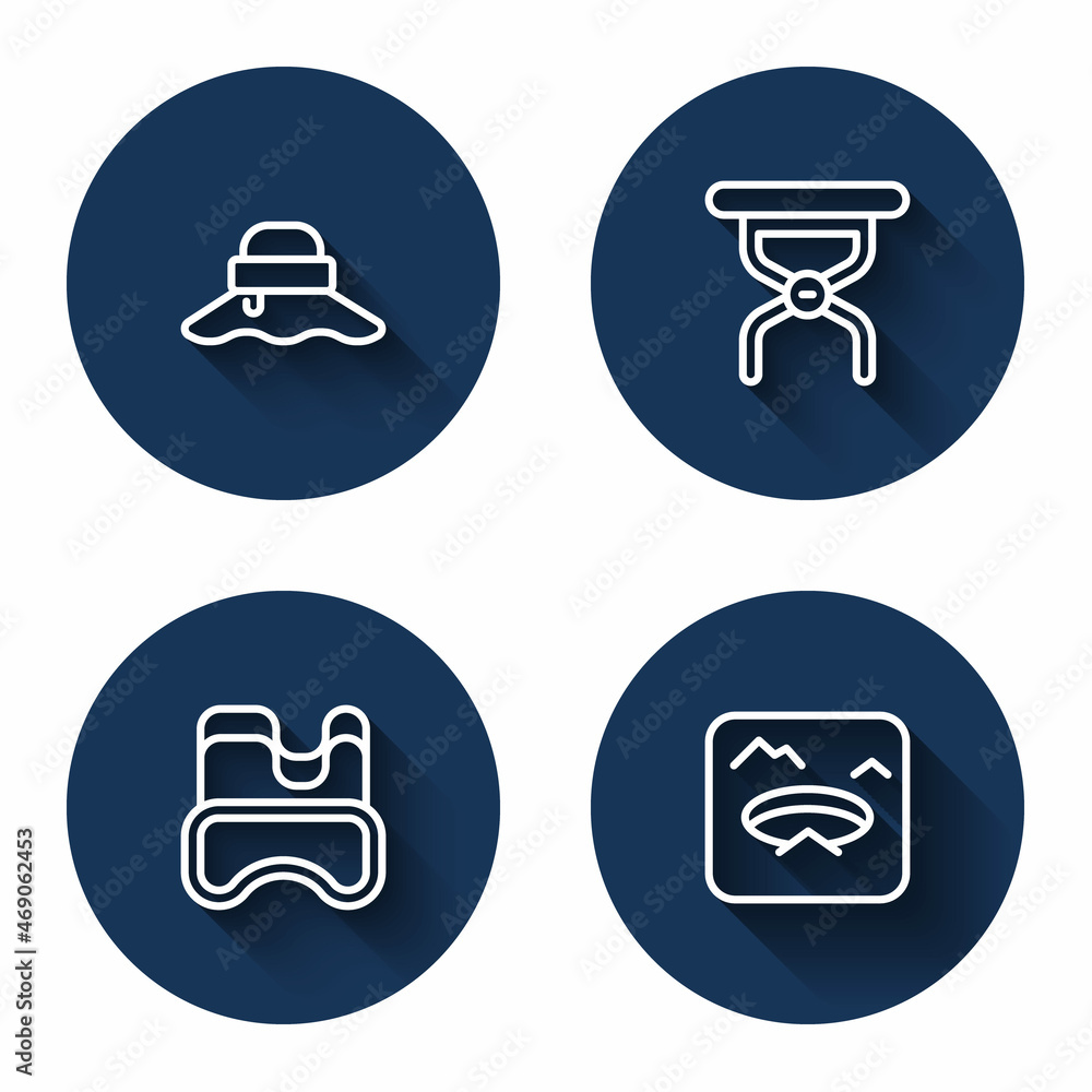 Set line Fisherman hat, Camping folding chair, Diving mask and Winter fishing with long shadow. Blue circle button. Vector Set line Fisherman hat, Camping folding chair, Diving mask and Winter fishing with long shadow. Blue circle button. Vector
