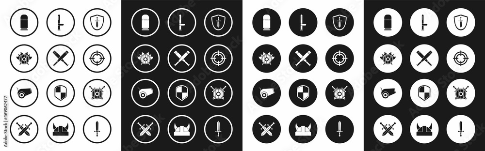 Set Medieval shield with sword, Crossed baseball bat, crossed axes, Cartridges, Target sport, Police rubber baton, Wooden swords and Cannon icon. Vector Set Medieval shield with sword, Crossed baseball bat, crossed axes, Cartridges, Target sport, Police rubber baton, Wooden swords and Cannon icon. Vector