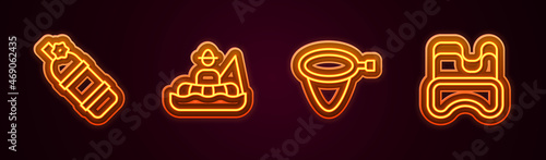 Set line Aqualung, Fisherman in boat, Fishing net and Diving mask. Glowing neon icon. Vector