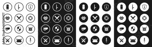 Set Medieval shield with sword, Crossed baseball bat, crossed axes, Cartridges, Target sport, Police rubber baton, Wooden swords and Cannon icon. Vector